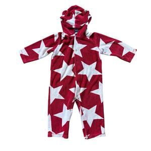Baby BODEN One Piece Terry Toweling Romper Red‎ White Stars Print Hooded 18-24M